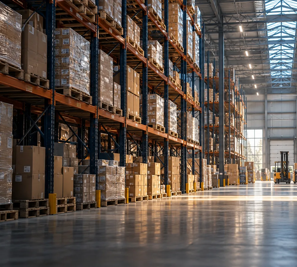 Illustrative inventory racks inside a professionally organized warehouse